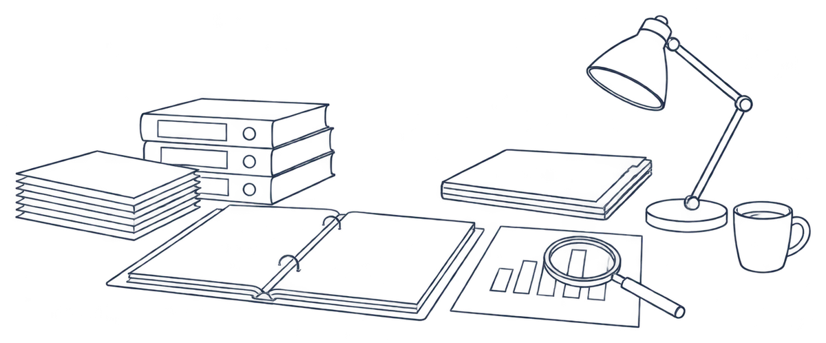 Line illustration of document stacks, an open binder, a magnifying glass over a chart and a desk lamp